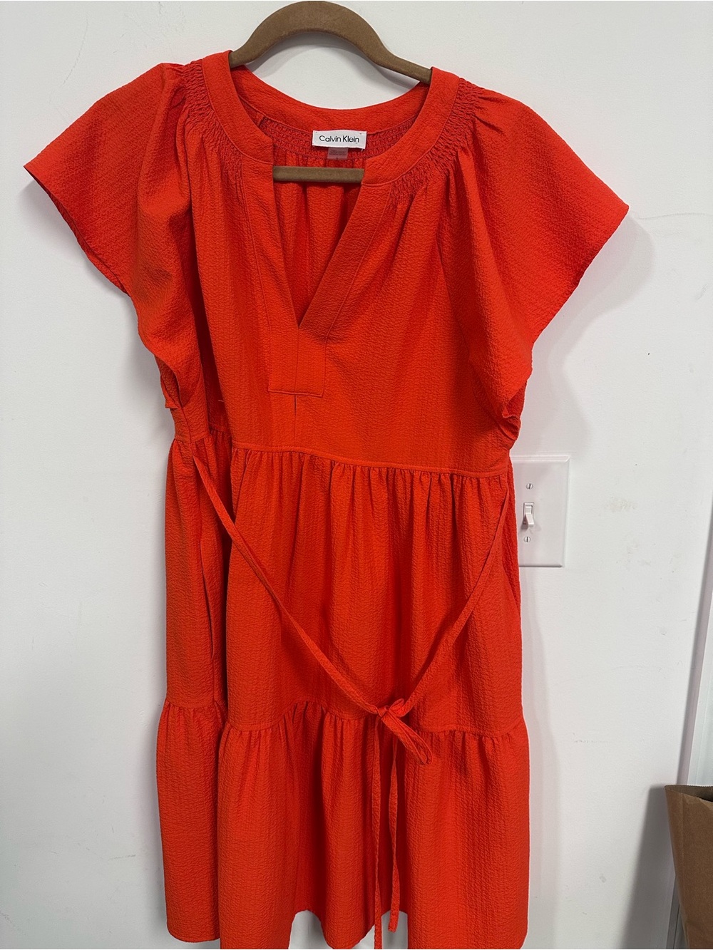 Calvin Klein Bright Orange Short-Sleeve Tie-Waist Mini Dress - Picture 3 of 4